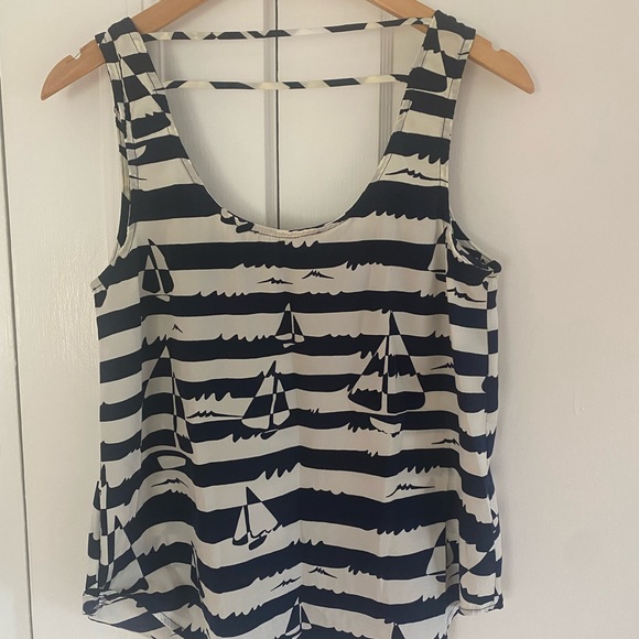 ⛵️Tank Sailboat Toile Noughties Navy White Breton Stripe Back Detail Sz M - Picture 2 of 4
